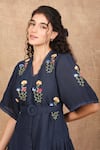 The Right Cut_Blue 100% Linen Hand Embroidered Floral Motifs V Neck Spring Garden Dress _at_Aza_Fashions