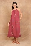 Buy_The Right Cut_Red 100 % Linen Hand Embroidered Thread Halter Reverie Dress _at_Aza_Fashions