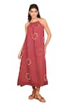 Buy_The Right Cut_Red 100 % Linen Hand Embroidered Thread Halter Reverie Dress _Online_at_Aza_Fashions