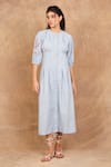 Buy_The Right Cut_Blue Organic Cotton Hand Embroidered Floral Round Icy Sleeve Dress _at_Aza_Fashions