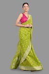 Zal From Benaras_Green Pure Chiffon Hand Flower Butti Pattern Saree With Unstitched Blouse Piece _at_Aza_Fashions