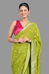 Buy_Zal From Benaras_Green Pure Chiffon Hand Flower Butti Pattern Saree With Unstitched Blouse Piece 