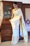 Buy_Zal From Benaras_Cream Pure Georgette Flower Vine Pattern Saree With Unstitched Blouse Piece 