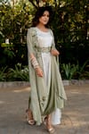 Shop_Nikita Vishakha_Green Crepe Embroidered Thread Round Cape With Dress _Online_at_Aza_Fashions