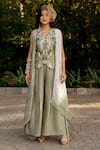 Buy_Nikita Vishakha_Green Raw Silk Embroidered Thread V Neck Vest Pant Set With Cape _at_Aza_Fashions