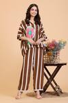 Buy_Radhika Jindal_Brown Cotton Silk Printed Stripe Collared Fan Shirt Pant Set _at_Aza_Fashions