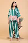 Buy_Radhika Jindal_Green Cotton Silk Printed Stripe Collared Anti-fit Top And Pant Set _at_Aza_Fashions