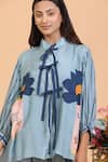 Shop_Radhika Jindal_Grey Cotton Silk Printed Floral Stripe Mandarin Collar Top Pant Set _at_Aza_Fashions
