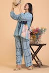 Shop_Radhika Jindal_Grey Cotton Silk Printed Floral Stripe Mandarin Collar Top Pant Set _Online_at_Aza_Fashions