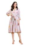 Buy_Radhika Jindal_Grey Cotton Silk Printed Floral Lapel Collar Dress With Belt  