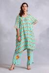 Buy_Radhika Jindal_Green Cotton Silk Embroidered Lace V Neck Anti-fit Kaftan Pant Set  _at_Aza_Fashions