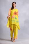 Buy_Radhika Jindal_Yellow Cotton Silk Round Floral Pattern Asymmetric Kurta Pant Set  _at_Aza_Fashions