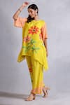 Radhika Jindal_Yellow Cotton Silk Round Floral Pattern Asymmetric Kurta Pant Set  _Online_at_Aza_Fashions