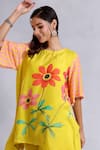 Buy_Radhika Jindal_Yellow Cotton Silk Round Floral Pattern Asymmetric Kurta Pant Set  _Online_at_Aza_Fashions