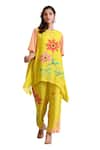 Radhika Jindal_Yellow Cotton Silk Round Floral Pattern Asymmetric Kurta Pant Set  _at_Aza_Fashions