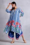 Radhika Jindal_Blue Cotton Silk Asymmetric Floral Pattern Laced Kurta Pant Set _Online_at_Aza_Fashions