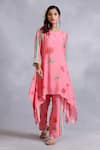 Buy_Radhika Jindal_Peach Cotton Silk Asymmetric Floral Pattern Kurta Draped Pant Set  _at_Aza_Fashions