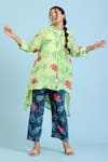 Shop_Radhika Jindal_Green Cotton Silk Printed Coral High Collared Sea Low Top Pant Set _at_Aza_Fashions