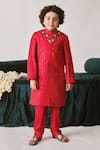 Buy_LITTLEENS_Red Vegan Silk Embroidery Thread Mirza Sequin Work Sherwani Set _Online_at_Aza_Fashions