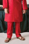 Shop_LITTLEENS_Red Vegan Silk Embroidery Thread Mirza Sequin Work Sherwani Set _Online_at_Aza_Fashions