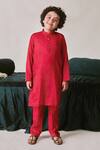 Buy_LITTLEENS_Red Vegan Silk Embroidery Thread Mirza Sequin Work Sherwani Set 