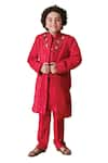 Shop_LITTLEENS_Red Vegan Silk Embroidery Thread Mirza Sequin Work Sherwani Set 