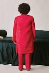 LITTLEENS_Red Vegan Silk Embroidery Thread Mirza Sequin Work Sherwani Set _Online