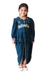 LITTLEENS_Blue Vortex Embroidery Thread Nairab Short Kurta And Dhoti Pant Set _Online