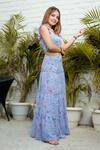 Bohobi_Blue Georgette Printed Floral Square Girl Like Crop Top With Skirt _Online_at_Aza_Fashions