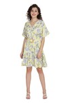 Bohobi_Yellow Cotton Printed Floral V-neck Sunshine Frill Dress _Online_at_Aza_Fashions