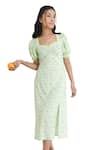 Bohobi_Green Cotton Printed Lime V-neck Melody Slit Dress _Online_at_Aza_Fashions