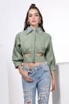 Buy_Bohobi_Green Cotton Poplin Embroidered Hummingbird Shirt Placed Cut-out Crop _at_Aza_Fashions