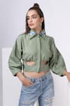 Shop_Bohobi_Green Cotton Poplin Embroidered Hummingbird Shirt Placed Cut-out Crop _at_Aza_Fashions