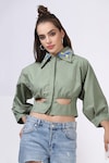 Bohobi_Green Cotton Poplin Embroidered Hummingbird Shirt Placed Cut-out Crop _Online_at_Aza_Fashions