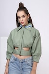 Buy_Bohobi_Green Cotton Poplin Embroidered Hummingbird Shirt Placed Cut-out Crop _Online_at_Aza_Fashions