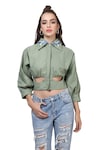 Shop_Bohobi_Green Cotton Poplin Embroidered Hummingbird Shirt Placed Cut-out Crop _Online_at_Aza_Fashions