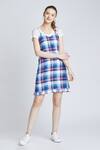 Buy_Bohobi_Blue Tweed Printed Checkered Sweetheart Neck Dress _at_Aza_Fashions