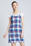 Bohobi_Blue Tweed Printed Checkered Sweetheart Neck Dress _Online_at_Aza_Fashions