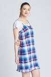 Bohobi_Blue Tweed Printed Checkered Sweetheart Neck Dress _at_Aza_Fashions