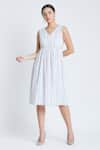 Shop_Bohobi_White Cotton Printed Stripe Dress V Neck Soft And Sweet With Shrug 