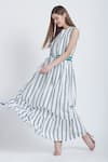 Bohobi_White Cotton Printed Stripe Round Vacation Mode Dress _Online