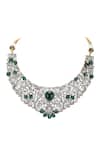 Buy_Auraa Trends_Green Stones, Zari Damask Zircon Encrusted Jewellery Set _Online_at_Aza_Fashions