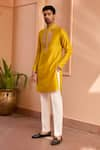 Isha Gupta Tayal_Yellow Pure Chanderi Silk Embroidered Dori Marodi Kurta _at_Aza_Fashions