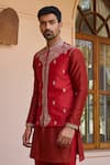 Shop_Isha Gupta Tayal_Red Pure Chanderi Silk Embroidered Dori Marodi And Work Bundi Kurta Set  _Online_at_Aza_Fashions