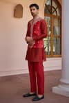 Shop_Isha Gupta Tayal_Red Pure Chanderi Silk Embroidered Dori Marodi And Work Bundi Kurta Set 