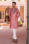 Buy_Isha Gupta Tayal_Pink Kurta Pure Chanderi Silk Embroidered Thread And Pant Set  _at_Aza_Fashions