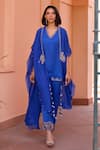 Buy_Isha Gupta Tayal_Blue Kurta And Pant Linen Satin Embroidered Tilla V Neck Hoor Cape With Set _at_Aza_Fashions