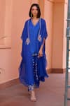 Isha Gupta Tayal_Blue Kurta And Pant Linen Satin Embroidered Tilla V Neck Hoor Cape With Set _Online_at_Aza_Fashions