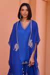 Buy_Isha Gupta Tayal_Blue Kurta And Pant Linen Satin Embroidered Tilla V Neck Hoor Cape With Set _Online_at_Aza_Fashions