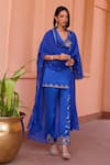 Isha Gupta Tayal_Blue Kurta And Pant Linen Satin Embroidered Tilla V Neck Hoor Cape With Set _at_Aza_Fashions